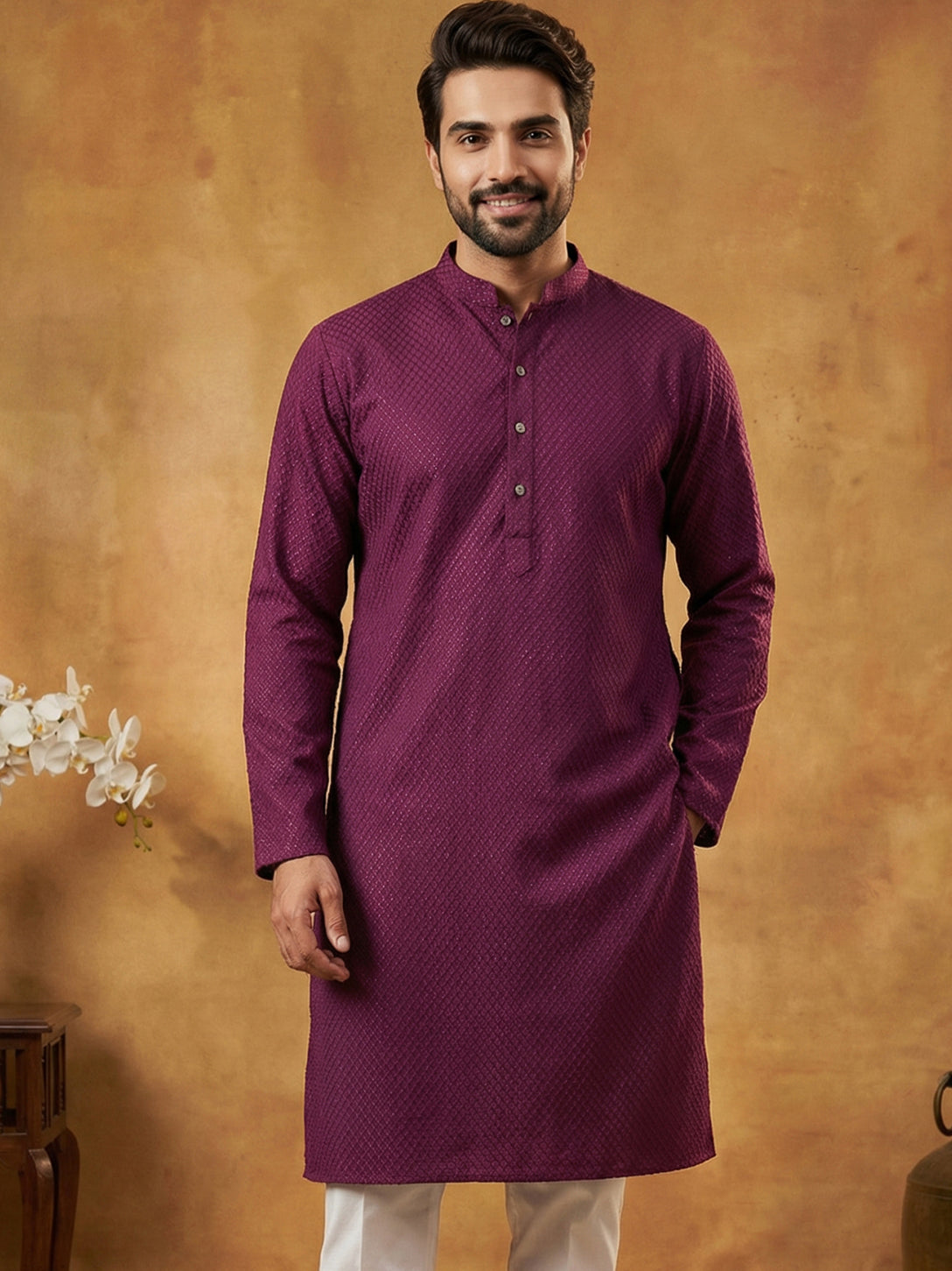 DesiQlo Men Embroidered Kurta Only - Purple - 65KO_5441Purple_S