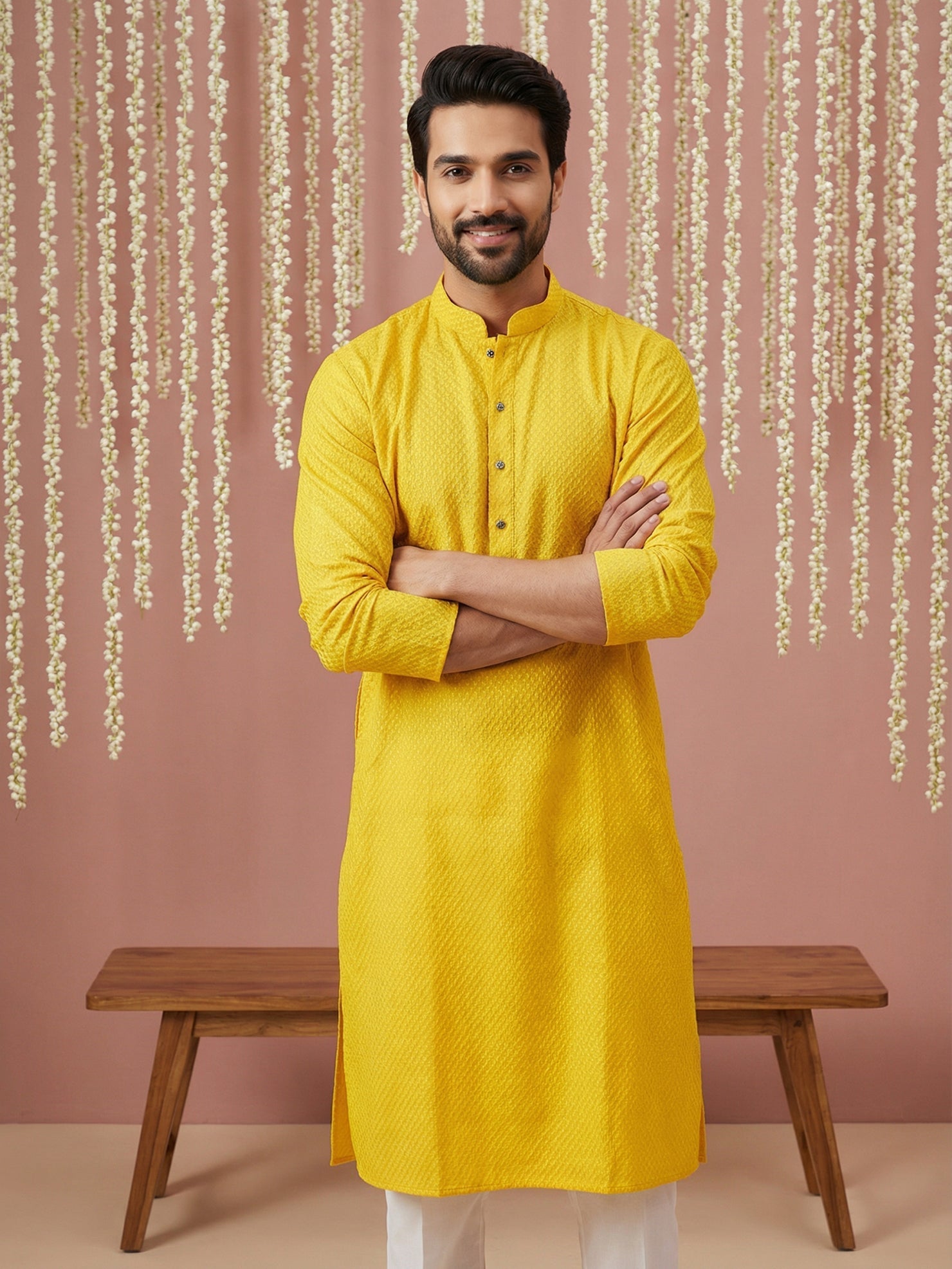 DesiQlo Men Embroidered Kurta Only - Yellow - 65KO_5441Yellow_S