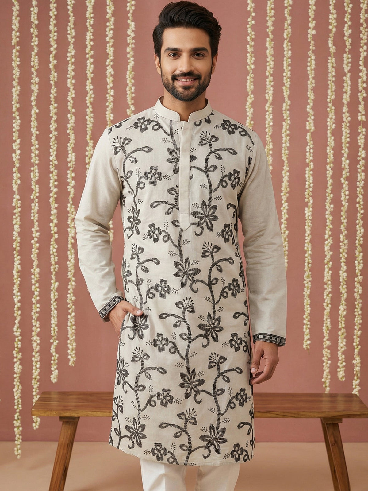 Men’s Silk Blend Embroidered Kurta ( 65KO 5442Grey S ) [FF] [Q-11-14]
