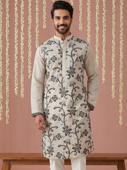 Men’s Silk Blend Embroidered Kurta ( 65KO 5442Grey S ) [FF] [Q-11-14]