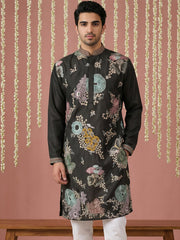 Black Silk Blend Embroidered Kurta ( 65KO 5444Black S ) [FF] [O-6]