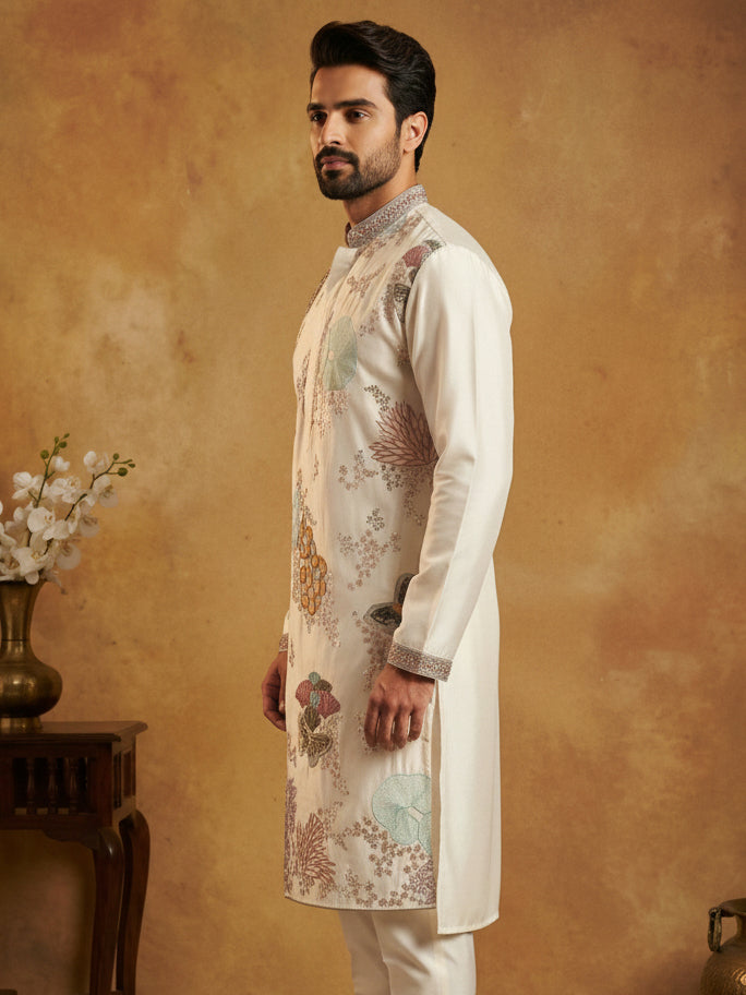 DesiQlo Men Embroidered Kurta Only - White - 65KO_5444White_S
