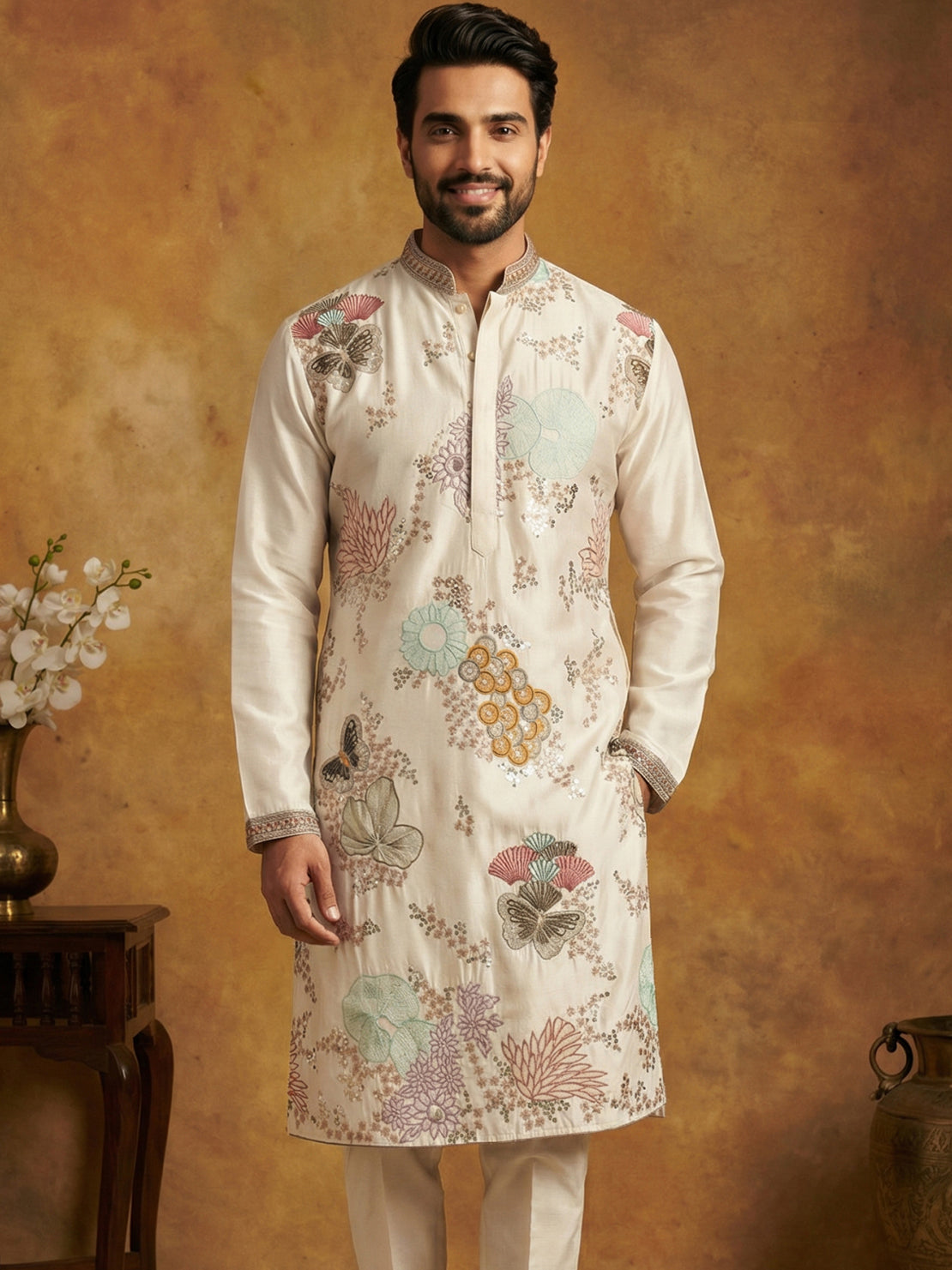 DesiQlo Men Embroidered Kurta Only - White - 65KO_5444White_S