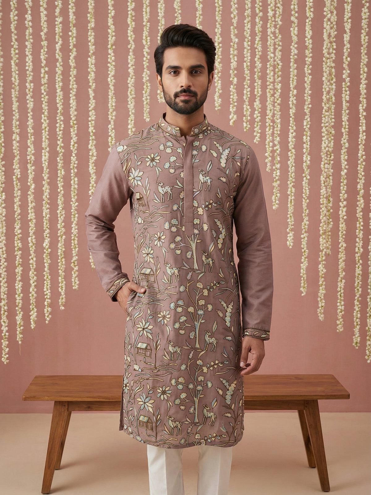 Silk Blend Designer Embroidered Kurta ( 65KO 5445Brown S )