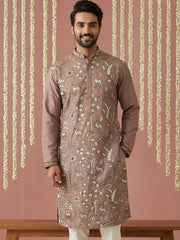 Silk Blend Designer Embroidered Kurta ( 65KO 5445Brown S )