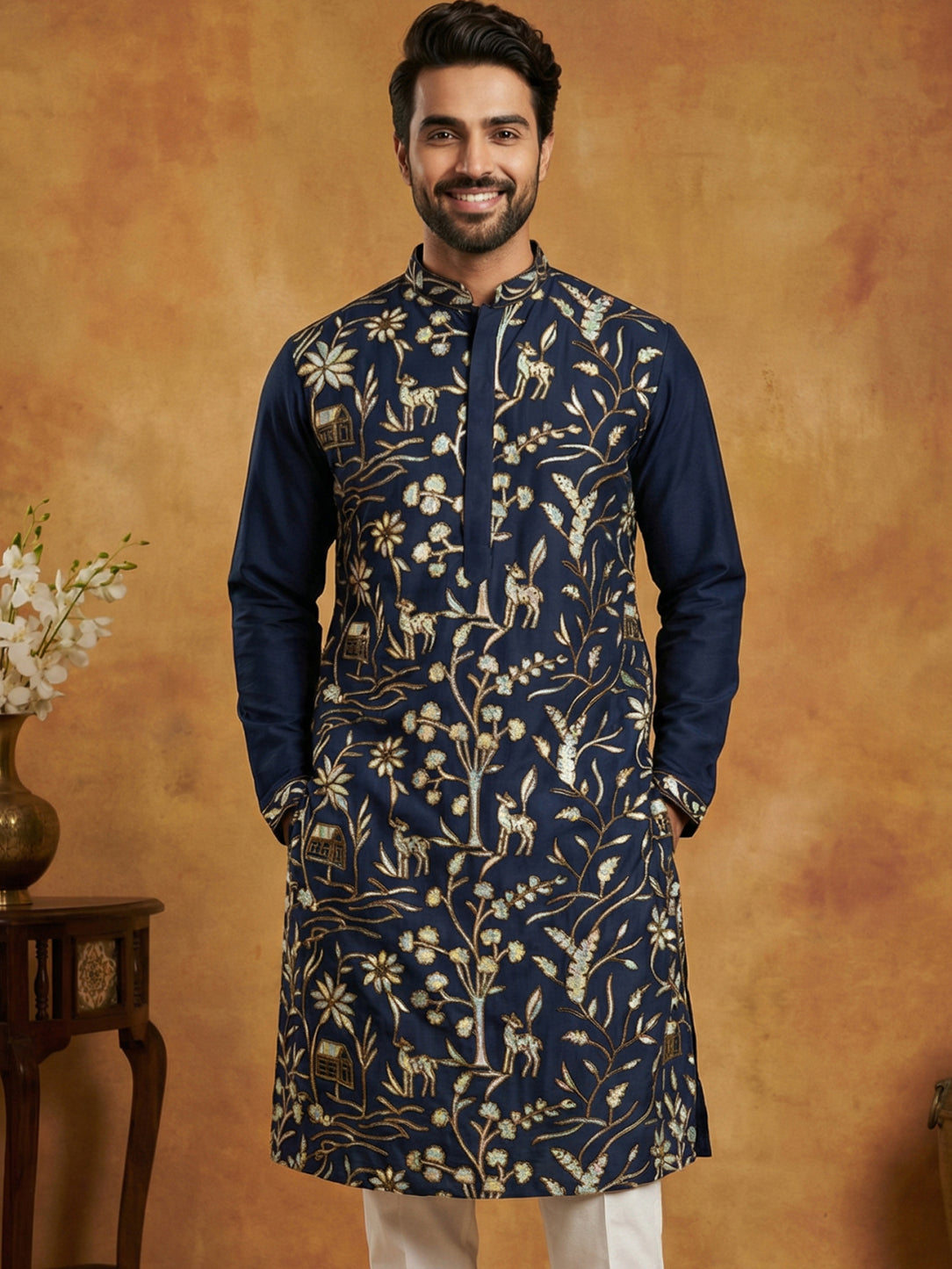 DesiQlo Men Embroidered Kurta Only - Blue - 65KO_5445Navy_S