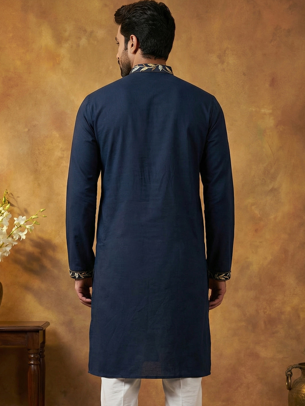DesiQlo Men Embroidered Kurta Only - Blue - 65KO_5445Navy_S
