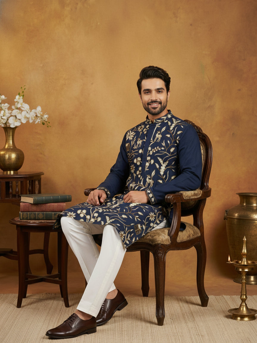 DesiQlo Men Embroidered Kurta Only - Blue - 65KO_5445Navy_S