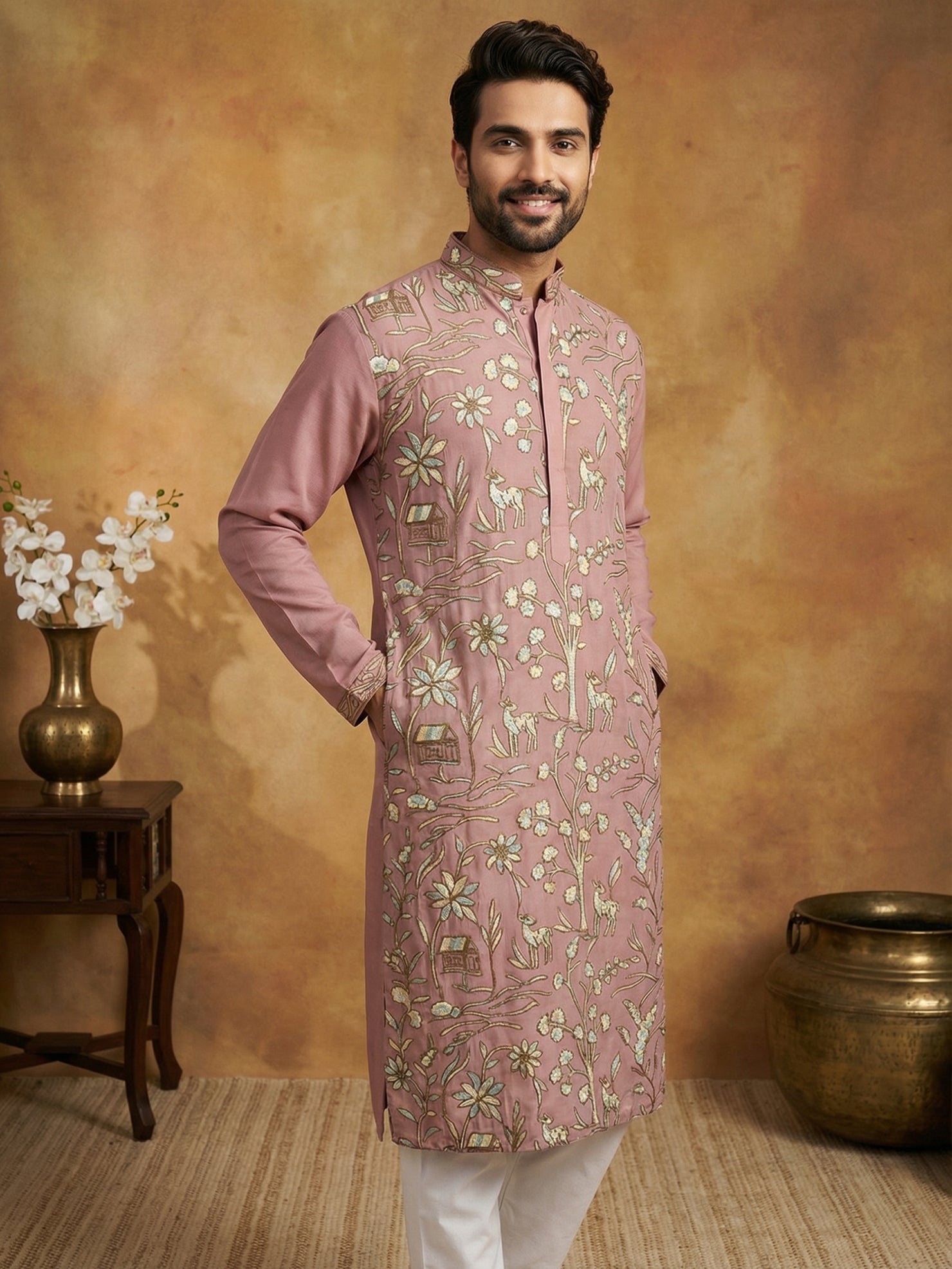 DesiQlo Men Embroidered Kurta Only - Orange - 65KO_5445Peach_S