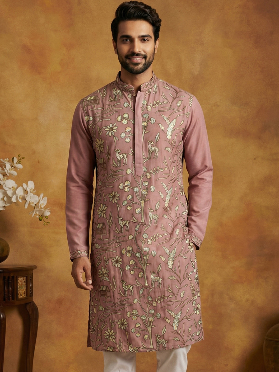 DesiQlo Men Embroidered Kurta Only - Orange - 65KO_5445Peach_S
