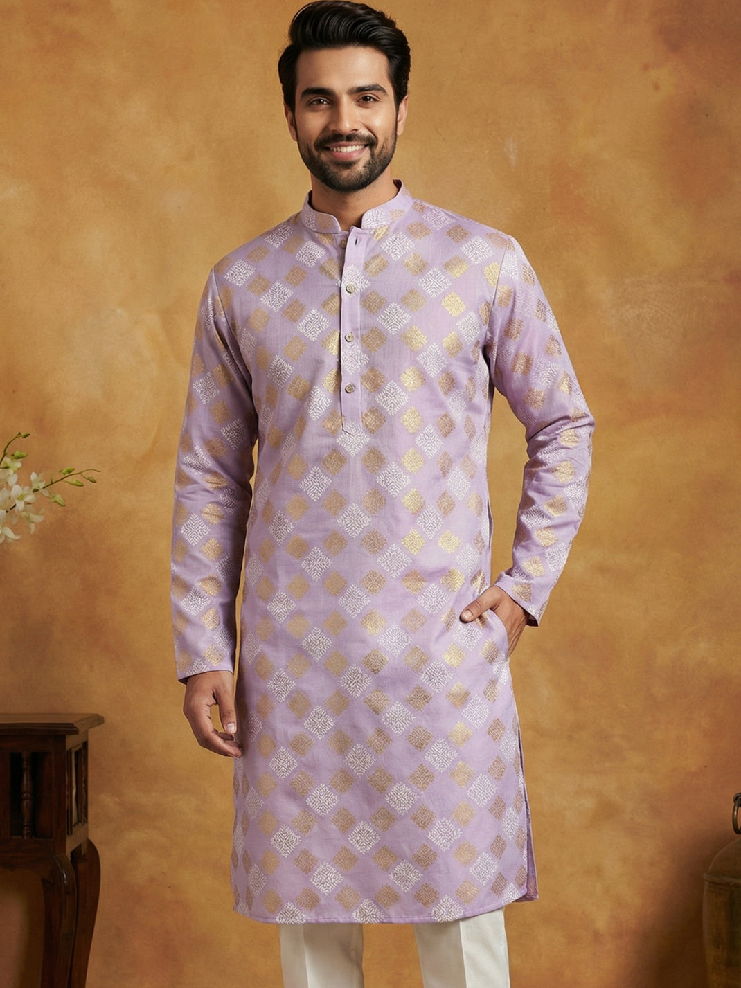 Men Cotton Blend Kurta with Foil Print ( 65KO 5446Lavender S ) [FF] [N-2]