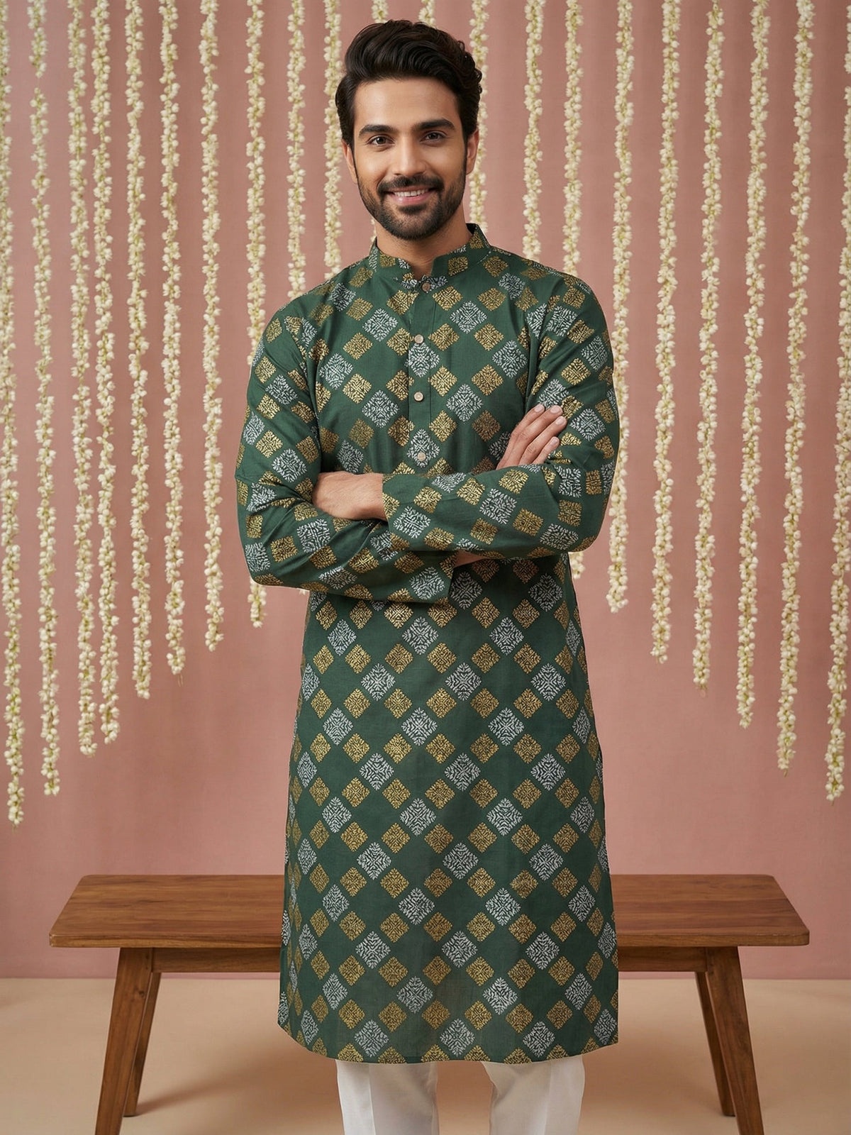 Men Cotton Blend Kurta with Foil Print ( 65KO 5446Olive S ) [FF] [N-2]