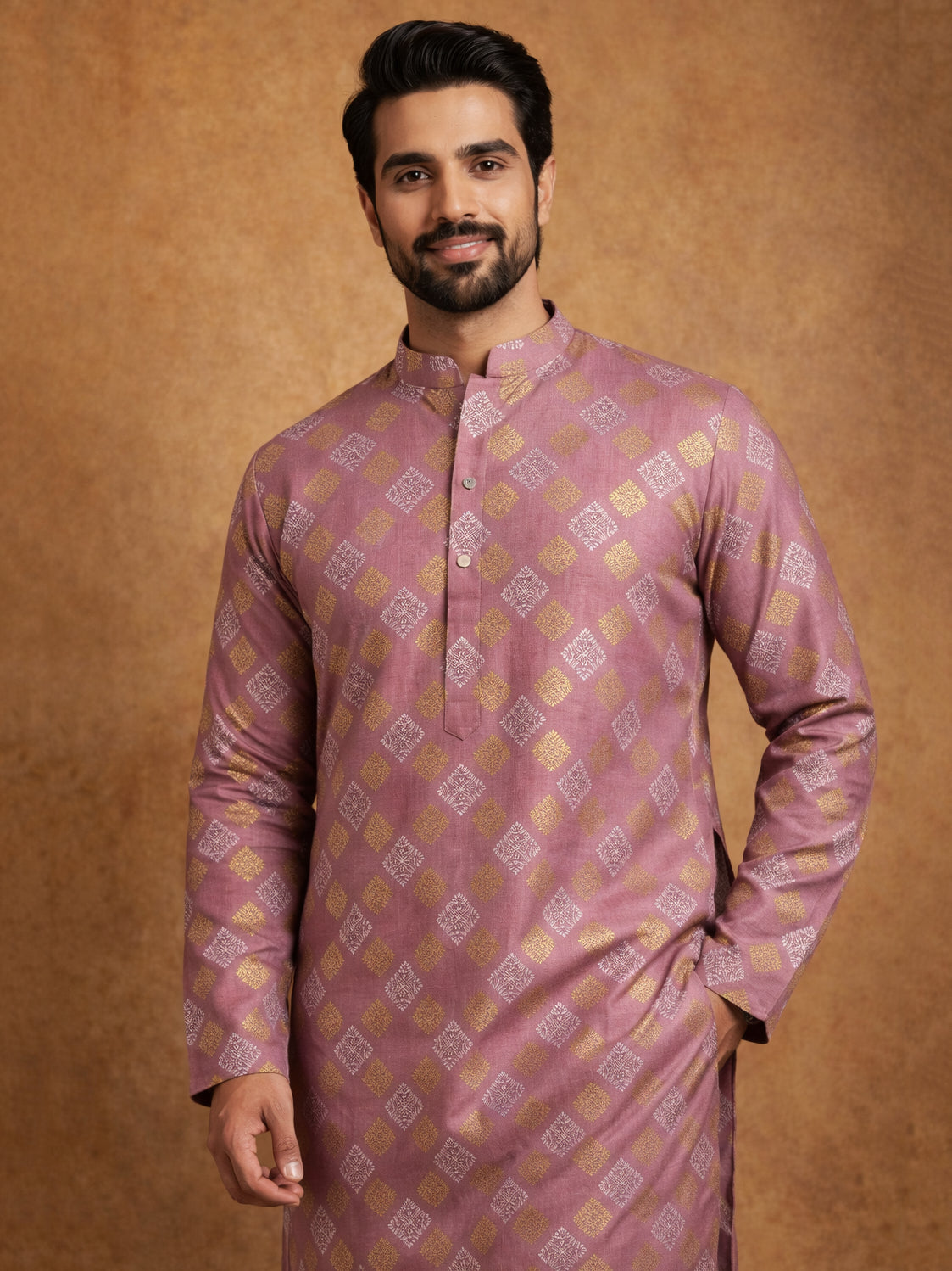 DesiQlo Men Printed Kurta Only - Orange - 65KO_5446Peach_S