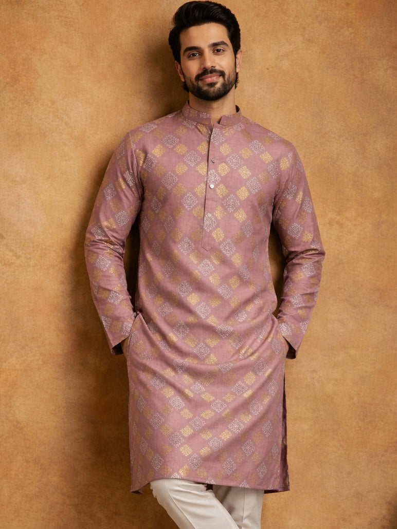 DesiQlo Men Printed Kurta Only - Orange - 65KO_5446Peach_S