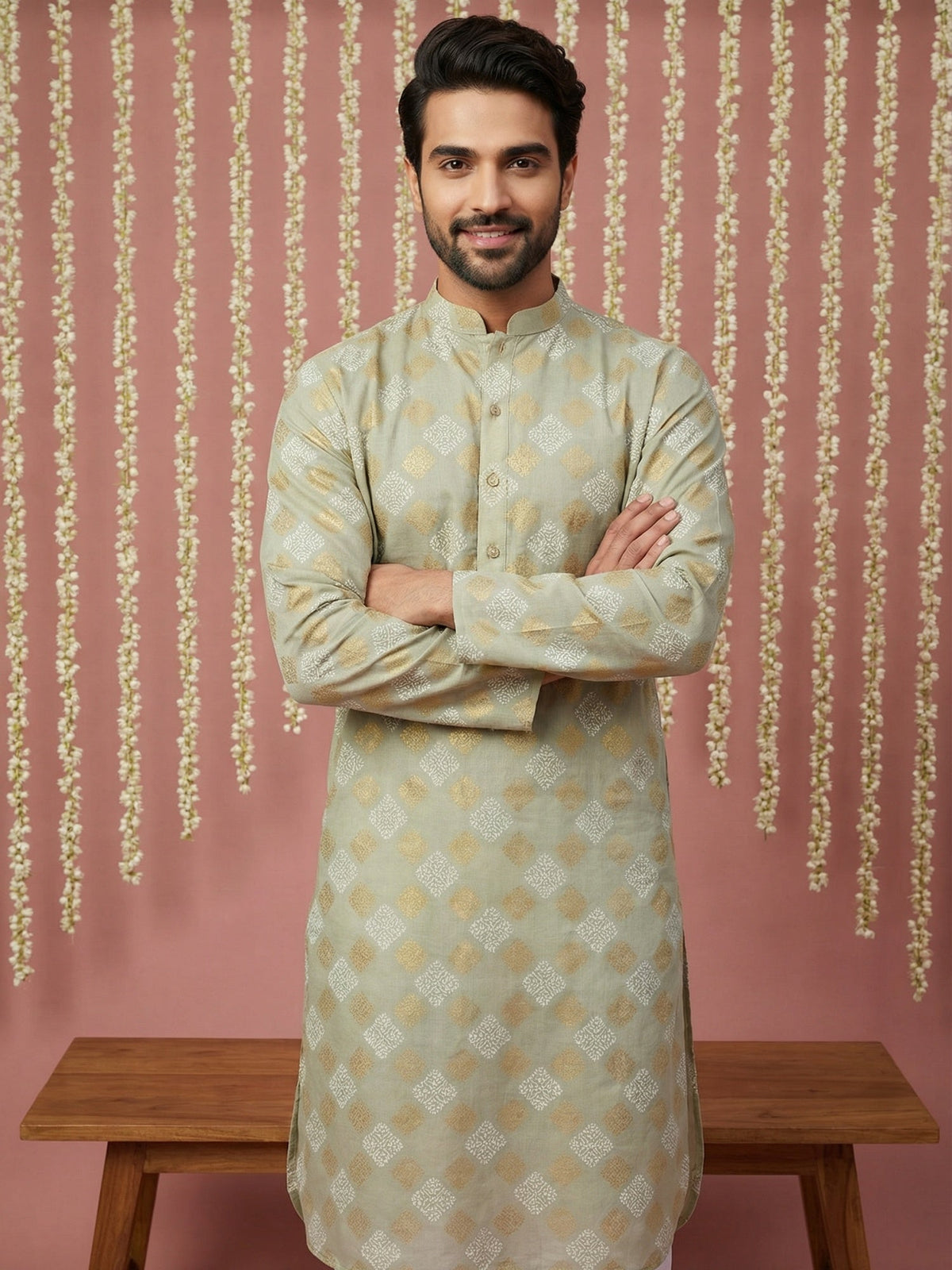 Men Cotton Blend Kurta with Foil Print ( 65KO 5446Pista S ) [FF] [N-2]