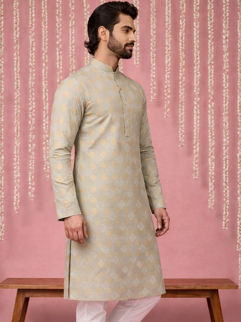 DesiQlo Men Printed Kurta Only - Green - 65KO_5446Pista_S
