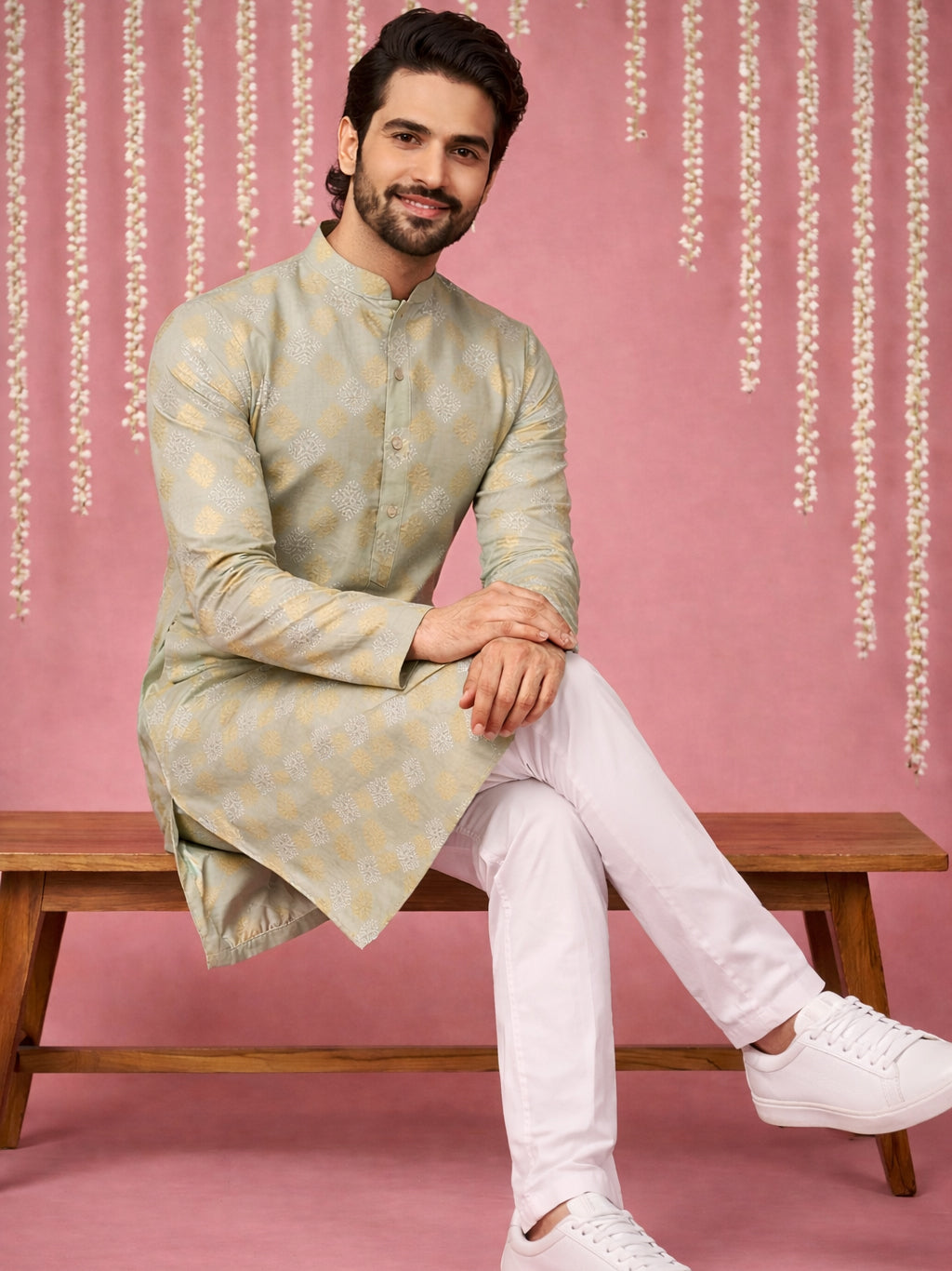 DesiQlo Men Printed Kurta Only - Green - 65KO_5446Pista_S
