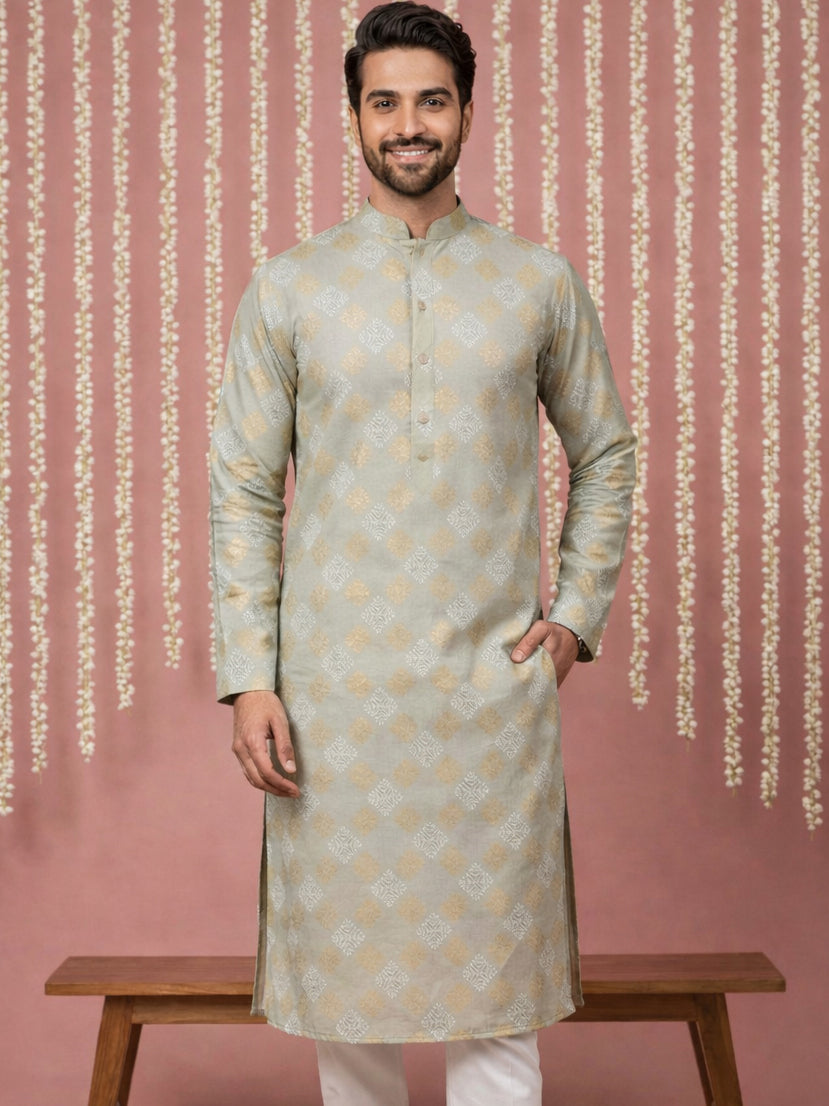 DesiQlo Men Printed Kurta Only - Green - 65KO_5446Pista_S