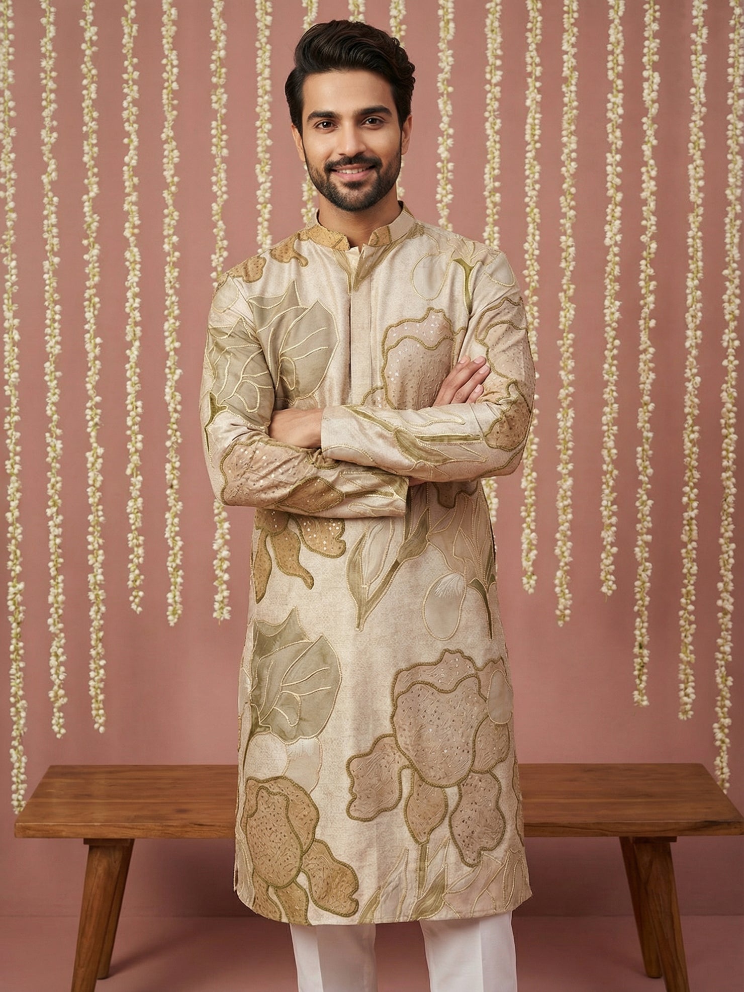 DesiQlo Men Embroidered Kurta Only - Beige - 65KO_5447Beige_S