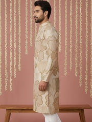 Silk Blend Kurta with Embroidery and Print ( 65KO 5447Beige S ) [FF] [A-1-4]