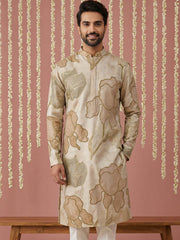 Silk Blend Kurta with Embroidery and Print ( 65KO 5447Beige S ) [FF] [A-1-4]
