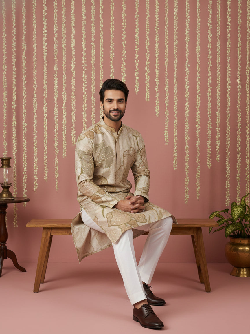 DesiQlo Men Embroidered Kurta Only - Beige - 65KO_5447Beige_S