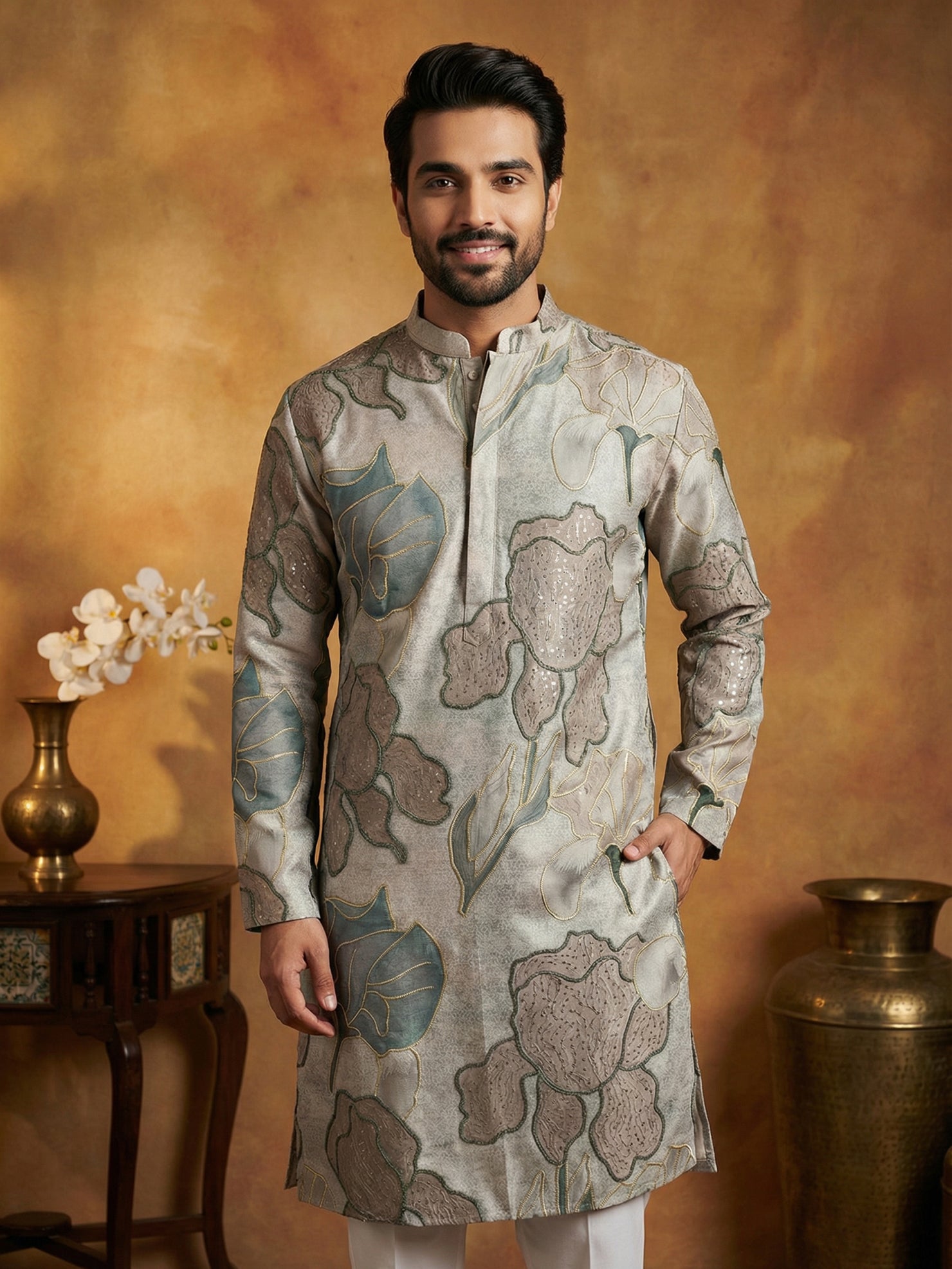 DesiQlo Men Embroidered Kurta Only - Grey - 65KO_5447Grey_S