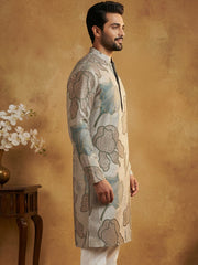 Silk Blend Kurta with Embroidery and Print ( 65KO 5447Grey S ) [FF] [A-1-4]