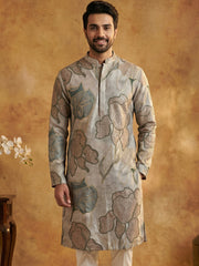 Silk Blend Kurta with Embroidery and Print ( 65KO 5447Grey S ) [FF] [A-1-4]