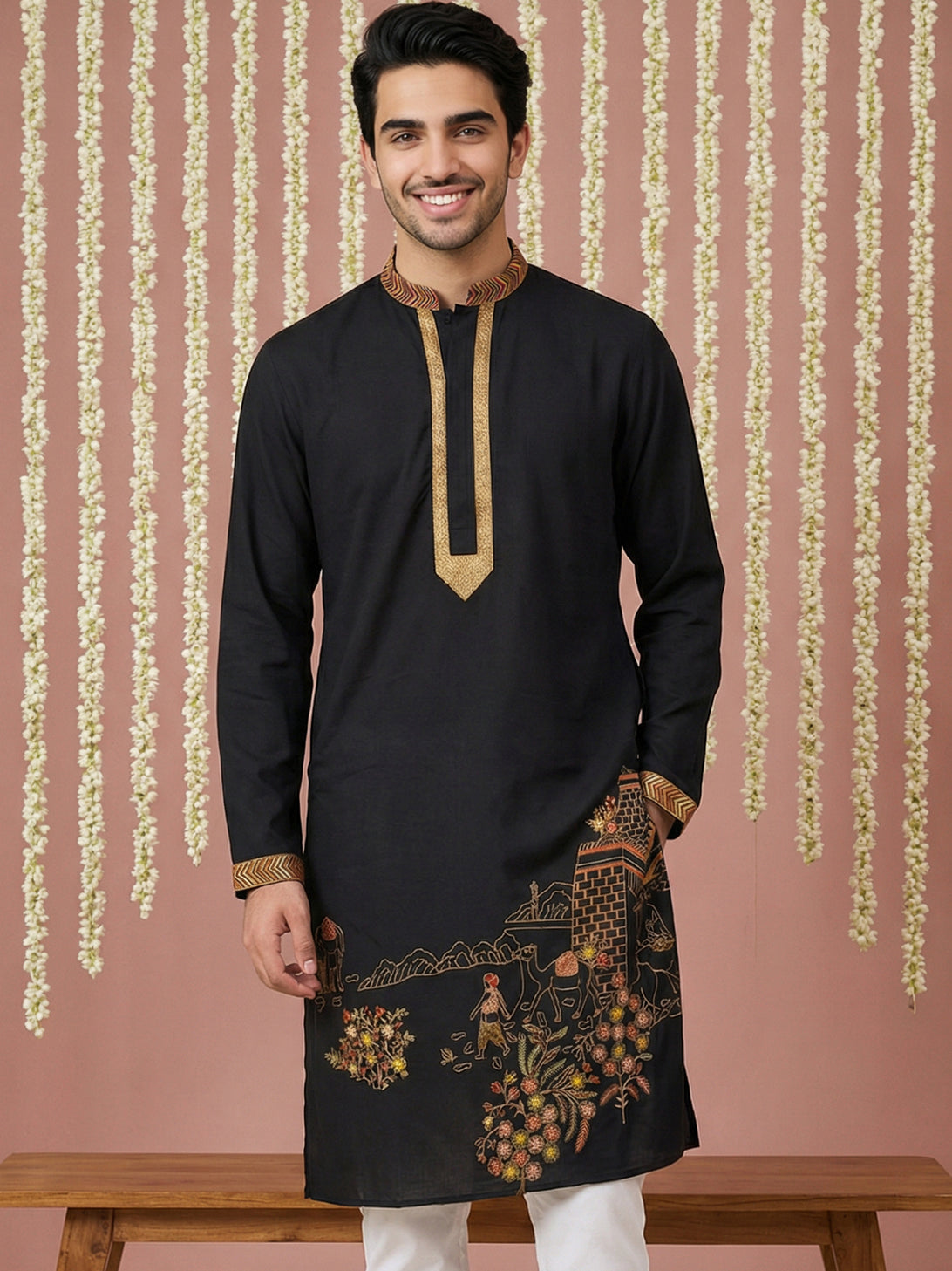DesiQlo Men Embroidered Kurta Only - Black - 65KO_5449Black_S