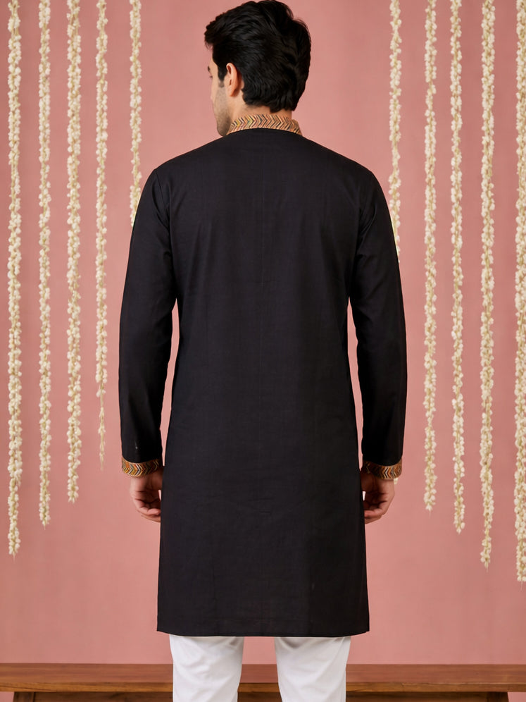 DesiQlo Men Embroidered Kurta Only - Black - 65KO_5449Black_S