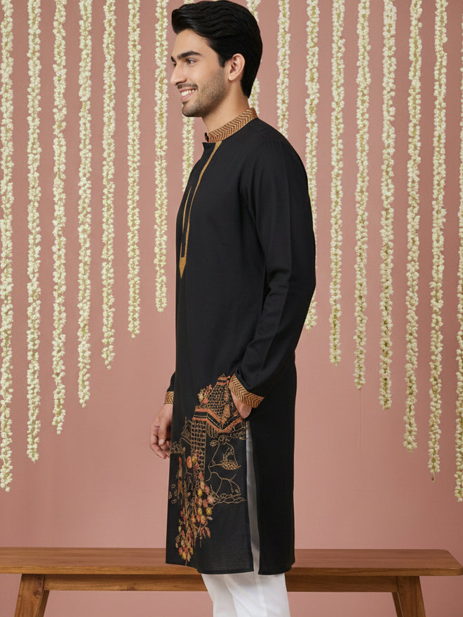DesiQlo Men Embroidered Kurta Only - Black - 65KO_5449Black_S