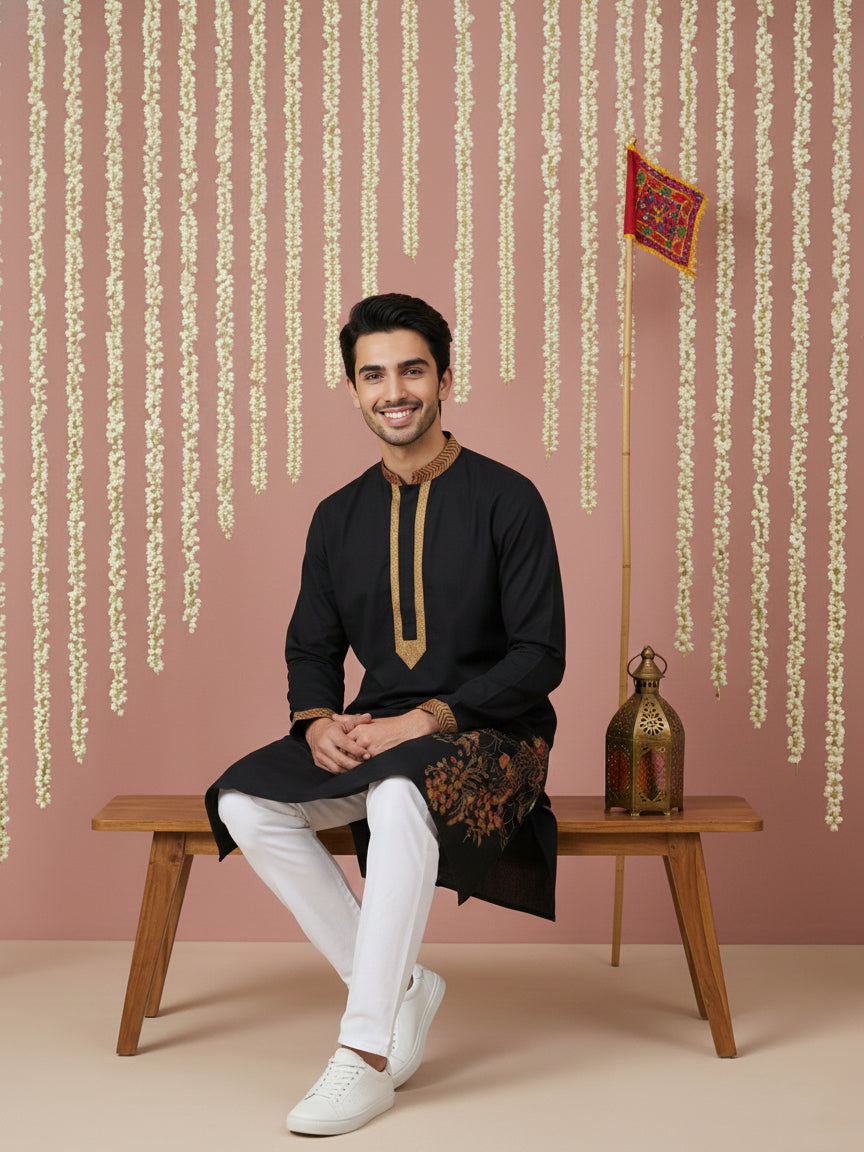 DesiQlo Men Embroidered Kurta Only - Black - 65KO_5449Black_S