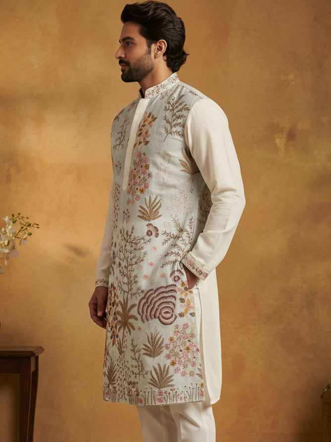 DesiQlo Men Embroidered Kurta Only - White - 65KO_5450White_S