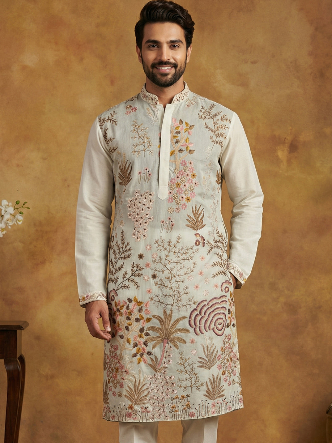 DesiQlo Men Embroidered Kurta Only - White - 65KO_5450White_S