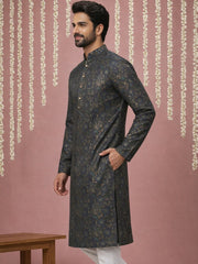 Men Cotton Blend Kurta with Foil Print ( 65KO 5452Navy S ) [FF] [Q-11-14]