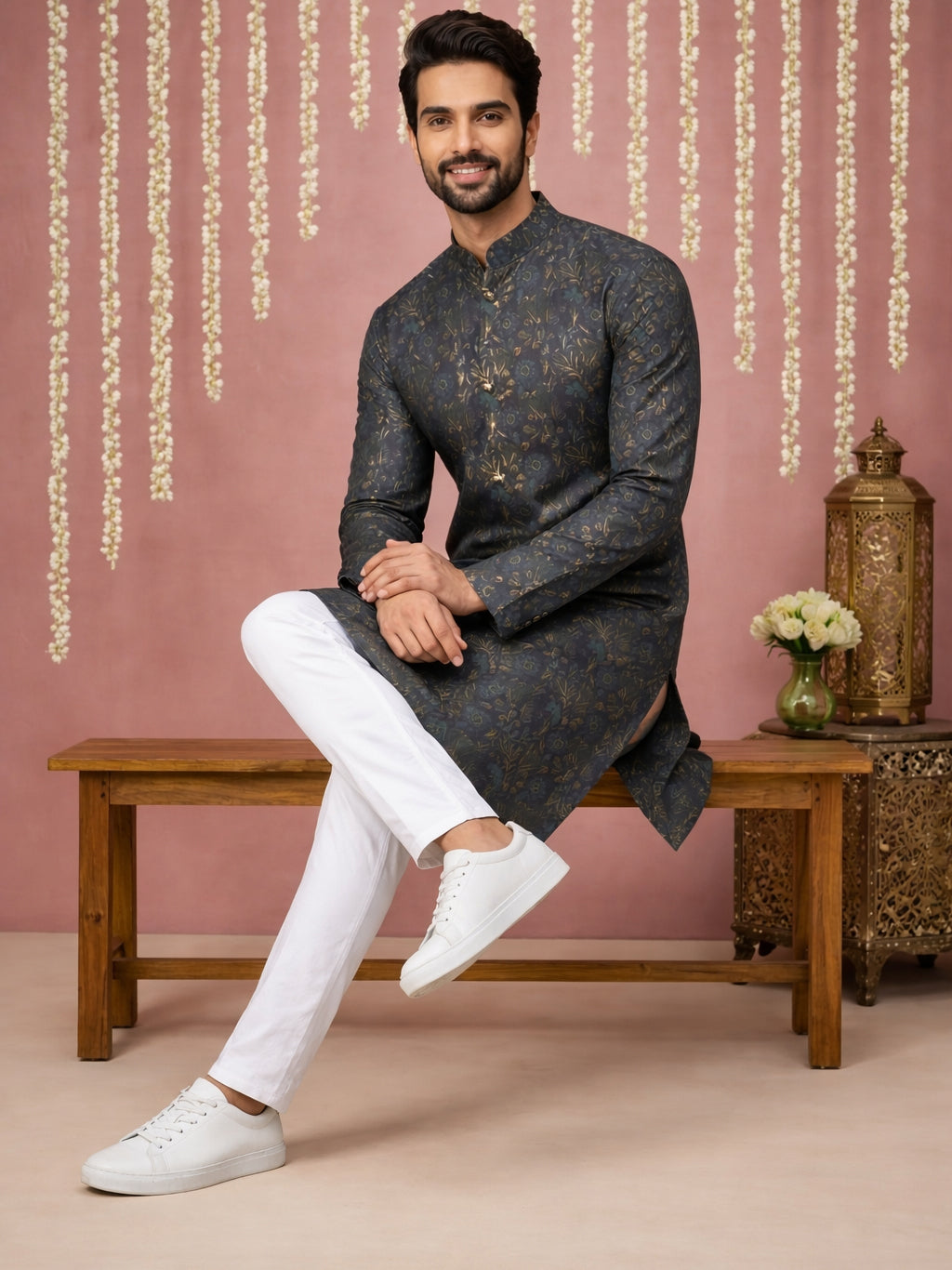 DesiQlo Men Printed Kurta Only - Blue - 65KO_5452Navy_S