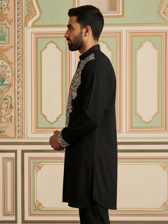 DesiQlo Men Embroidered Kurta Only - Black - 65KO_5453Black_S
