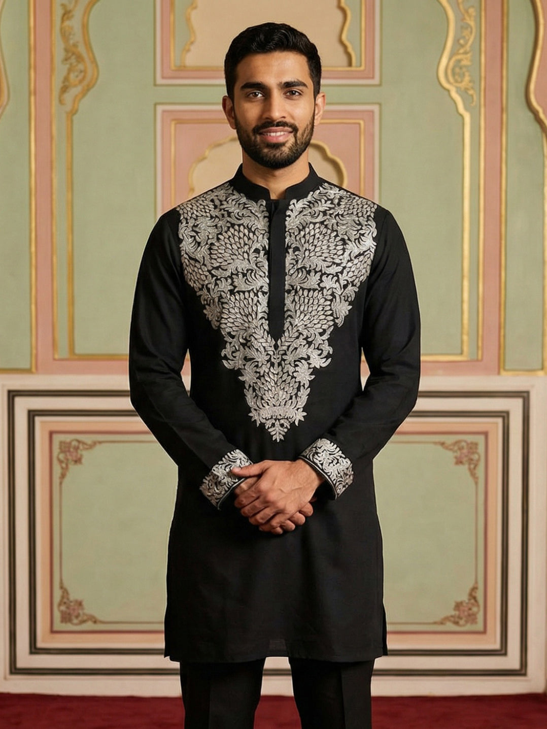 DesiQlo Men Embroidered Kurta Only - Black - 65KO_5453Black_S