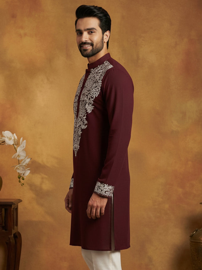 DesiQlo Men Embroidered Kurta Only - Purple - 65KO_5453Purple_S