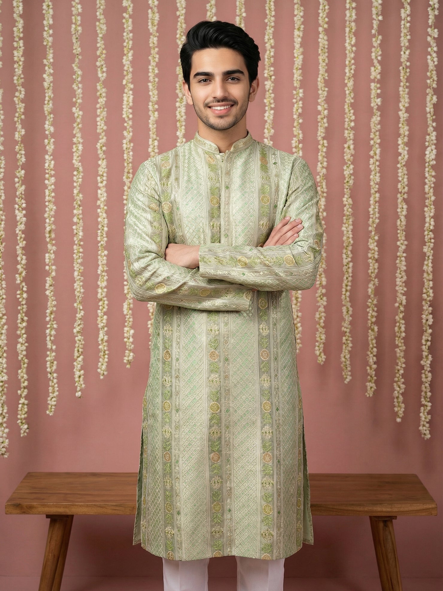 DesiQlo Men Embroidered Kurta Only - Green - 65KO_5454Green_S