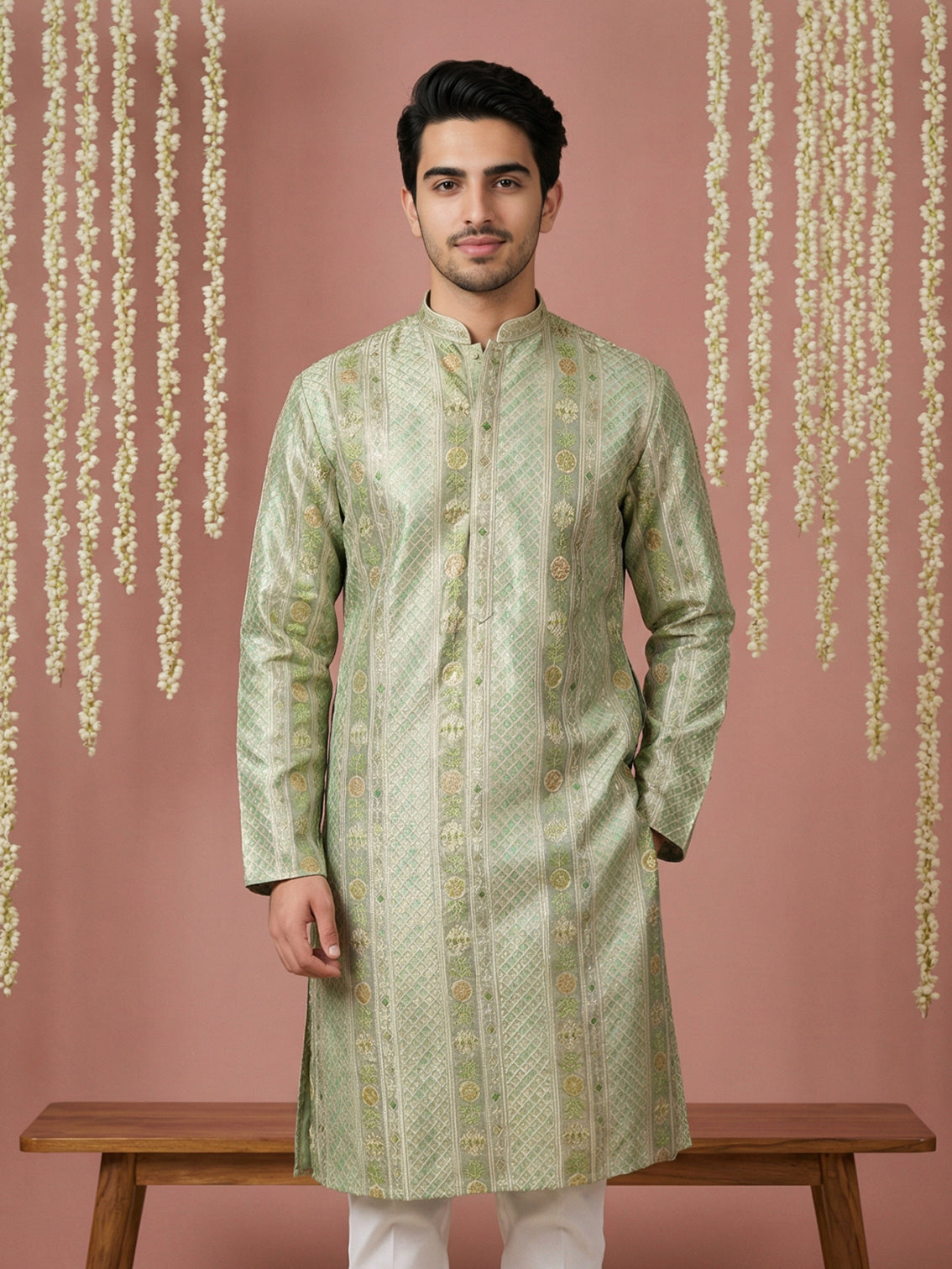 DesiQlo Men Embroidered Kurta Only - Green - 65KO_5454Green_S