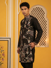 Black Silk Blend Embroidered Kurta ( 65KO 5457Black ) [FF] [A-1-4]