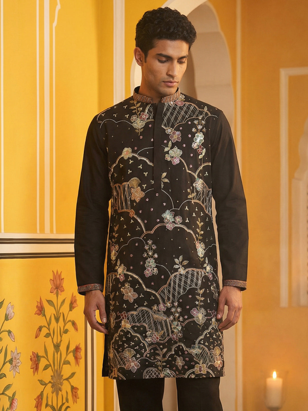 DesiQlo Men Embroidered Kurta Only - Black - 65KO_5457Black_S