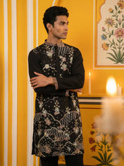 Black Silk Blend Embroidered Kurta ( 65KO 5457Black ) [FF] [A-1-4]