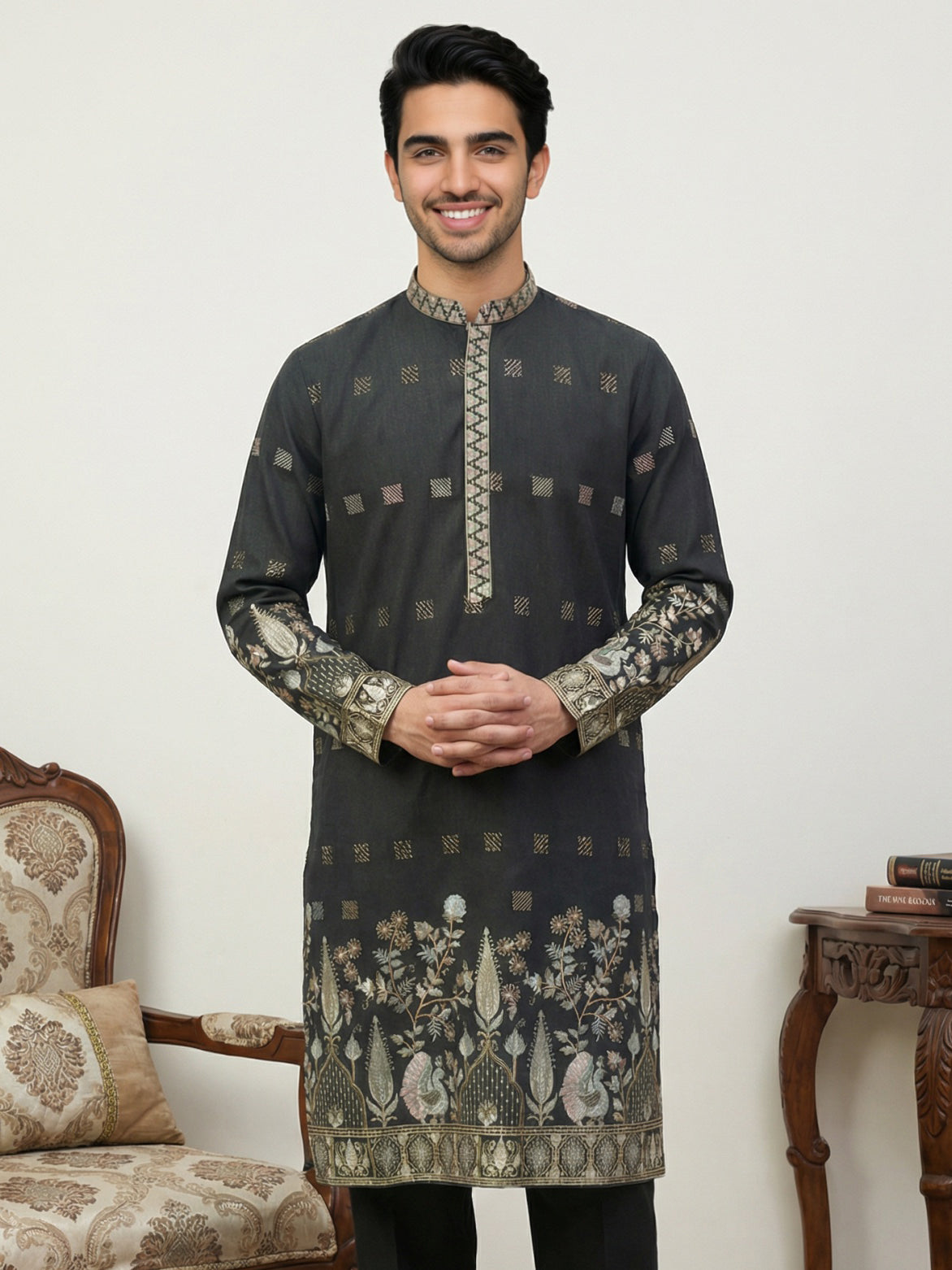 DesiQlo Men Embroidered Kurta Only - Black - 65KO_5458Black_S