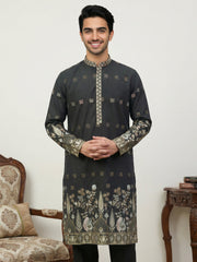 Men Silk Blend Embroidered Kurta ( 65KO 5458Black S ) [FF] [B-1-2]