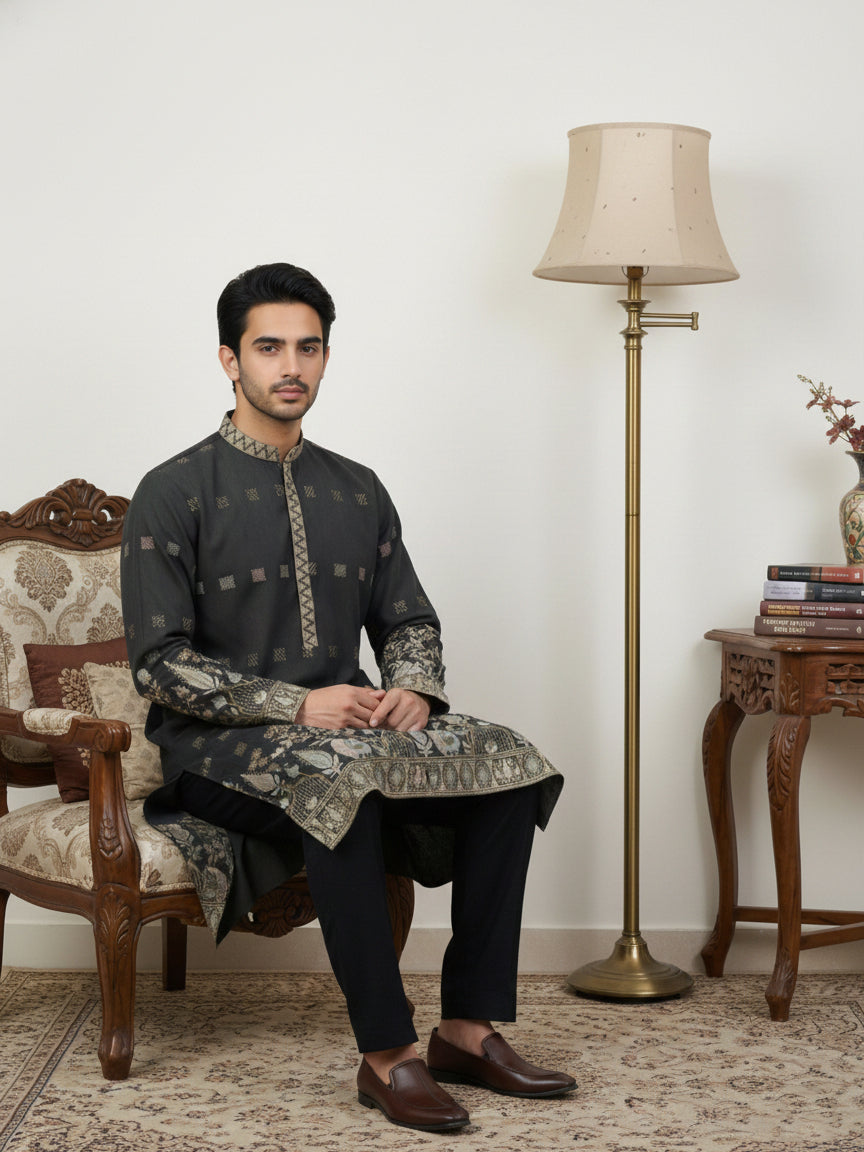 DesiQlo Men Embroidered Kurta Only - Black - 65KO_5458Black_S