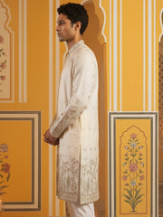 Men Silk Blend Embroidered Kurta ( 65KO 5458White S ) [FF] [B-1-2]