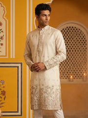 Men Silk Blend Embroidered Kurta ( 65KO 5458White S ) [FF] [B-1-2]